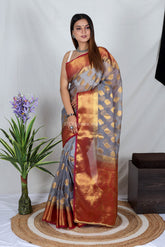 Grey Zari Work Soft Organza Saree